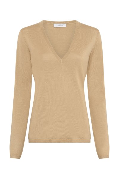 Clementia Knit V-Neck Sweater in Hay Cashmere Silk
